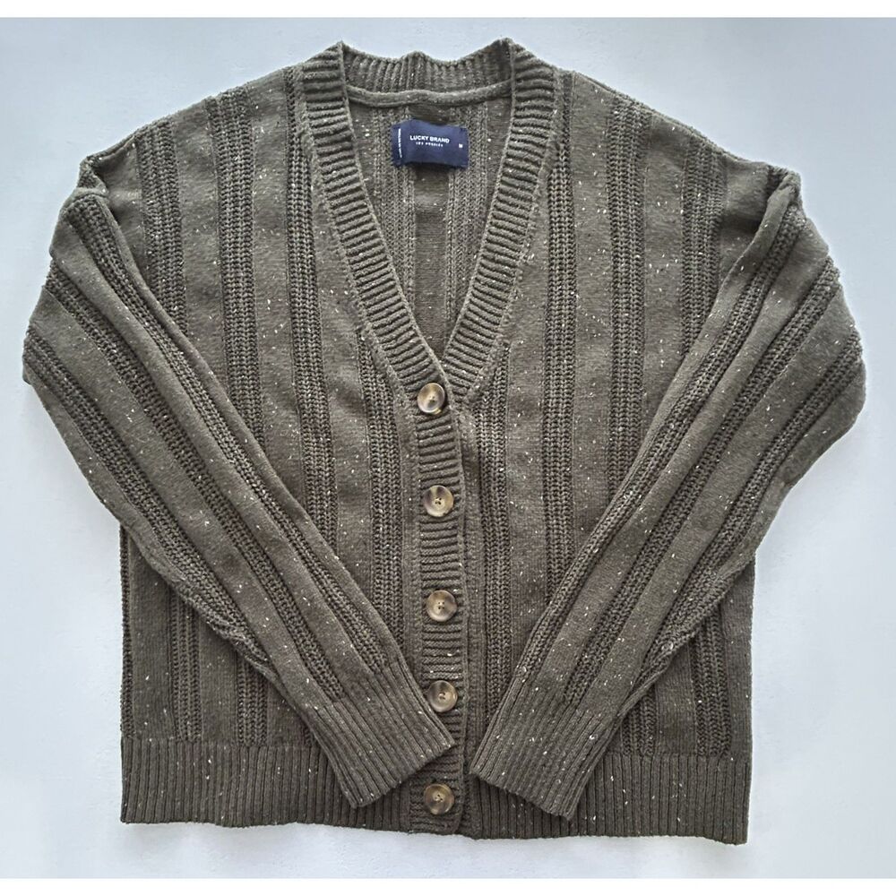 Lucky Brand Green Flecked Ribbed Knit V-Neck Button Cardigan Sweater M